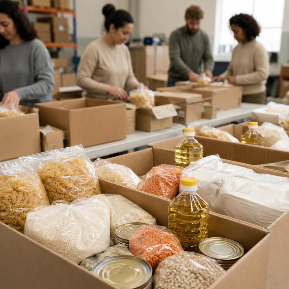Volunteers packing food aid boxes with staple supplies