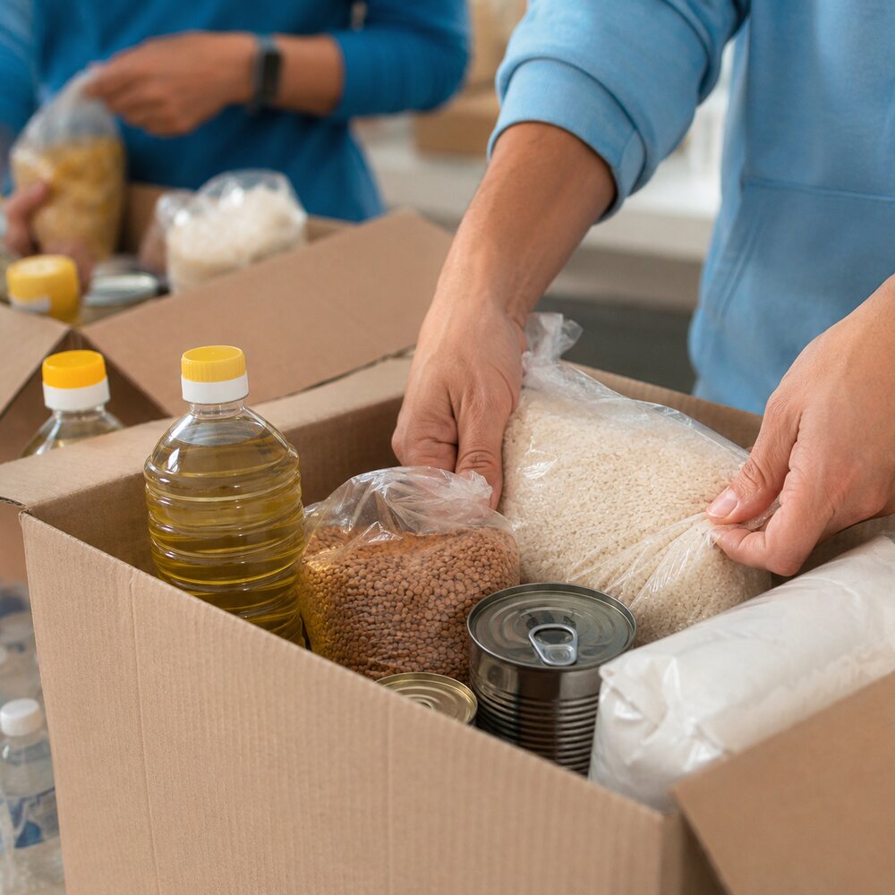 Food aid box with rice, pulses, oil and canned goods