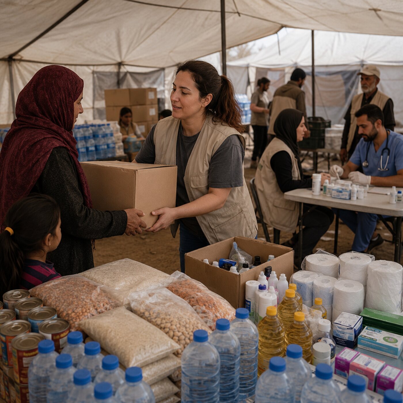 Humanitarian aid distribution — food and essential supplies handed to families